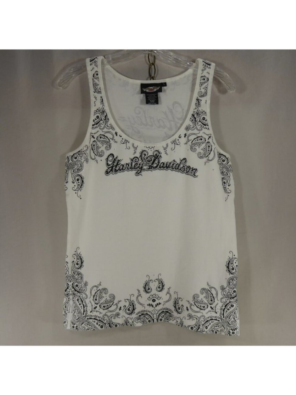 Harley Davidson Womens L Tank Top White Paisley Bandana Rhinestone Stretch Shirt